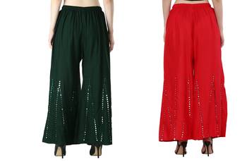 Stylish Flared Stone / Mirror work with embrodiery Combo Palazzo Pant Dark Green , Red 4