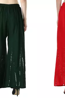 Stylish Flared Stone / Mirror work with embrodiery Combo Palazzo Pant Dark Green , Red