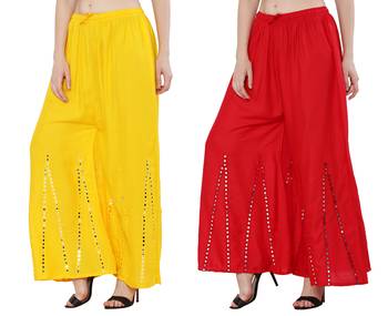 Mirror / Stone work embrodiery Combo Palazzo Pant Yellow , Red 1