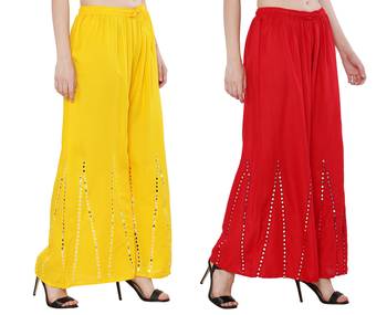 Mirror / Stone work embrodiery Combo Palazzo Pant Yellow , Red 3