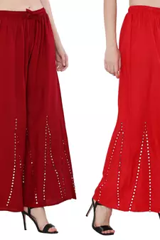 Mirror / Stone work embrodiery Combo Palazzo Pant Maroon , Red