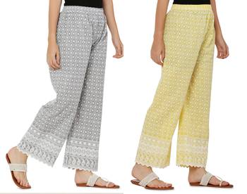 Chikankari Cotton Plazzo Pant Combo Grey , Yellow Free Size 2