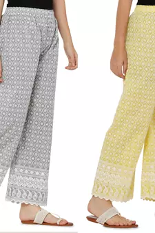 Chikankari Cotton Plazzo Pant Combo Grey , Yellow Free Size