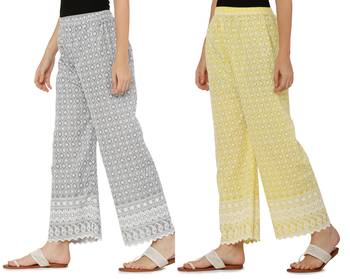 Chikankari Cotton Plazzo Pant Combo Grey , Yellow Free Size 3