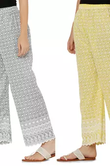 Chikankari Cotton Plazzo Pant Combo Grey , Yellow Free Size