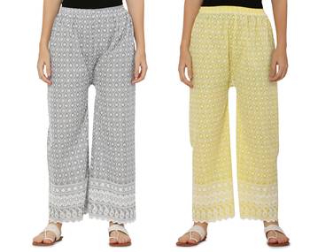 Chikankari Cotton Plazzo Pant Combo Grey , Yellow Free Size 4