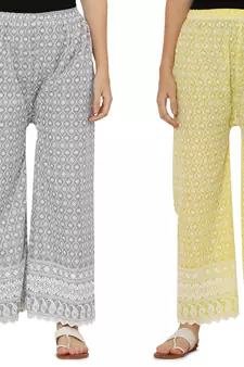 Chikankari Cotton Plazzo Pant Combo Grey , Yellow Free Size