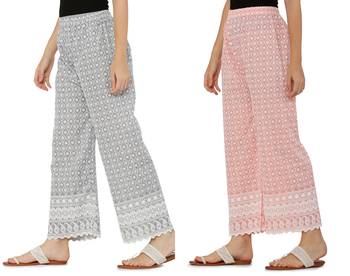 Chikankari Cotton Plazzo Pant Combo Grey , Peach Free Size 2