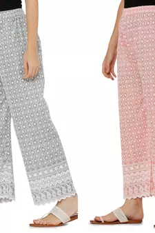 Chikankari Cotton Plazzo Pant Combo Grey , Peach Free Size