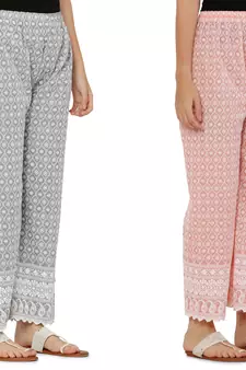 Chikankari Cotton Plazzo Pant Combo Grey , Peach Free Size