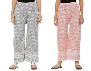 Chikankari Cotton Plazzo Pant Combo Grey , Peach Free Size 4