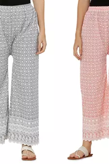 Chikankari Cotton Plazzo Pant Combo Grey , Peach Free Size