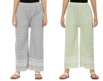 Chikankari Cotton Plazzo Pant Combo Grey , Mint Green Free Size 1