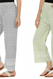 Chikankari Cotton Plazzo Pant Combo Grey , Mint Green Free Size