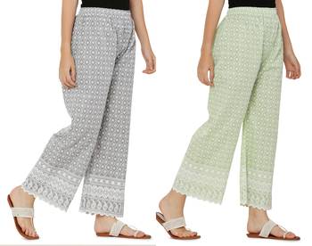Chikankari Cotton Plazzo Pant Combo Grey , Mint Green Free Size 4