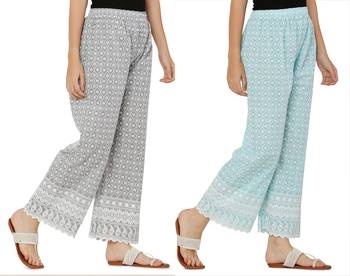 Chikankari Cotton Plazzo Pant Combo Grey , Aqua Blue Free Size 2