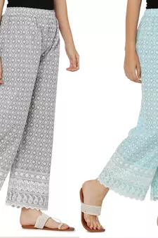 Chikankari Cotton Plazzo Pant Combo Grey , Aqua Blue Free Size