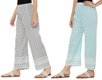 Chikankari Cotton Plazzo Pant Combo Grey , Aqua Blue Free Size 3