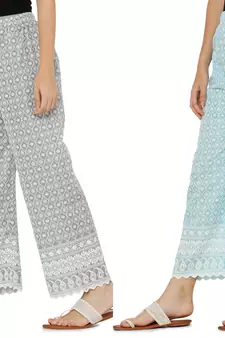 Chikankari Cotton Plazzo Pant Combo Grey , Aqua Blue Free Size