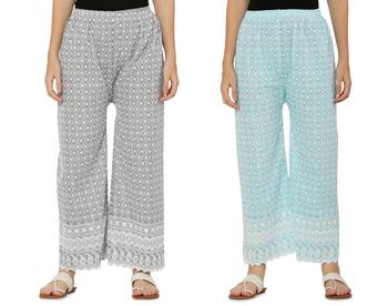 Chikankari Cotton Plazzo Pant Combo Grey , Aqua Blue Free Size 4