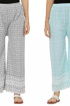 Chikankari Cotton Plazzo Pant Combo Grey , Aqua Blue Free Size