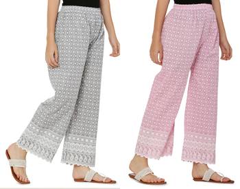 Chikankari Cotton Plazzo Pant Combo Grey ,Baby Pink Free Size 2