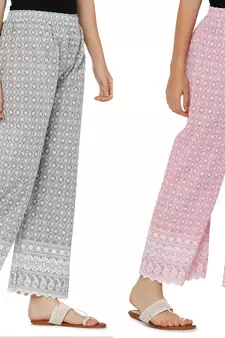 Chikankari Cotton Plazzo Pant Combo Grey ,Baby Pink Free Size