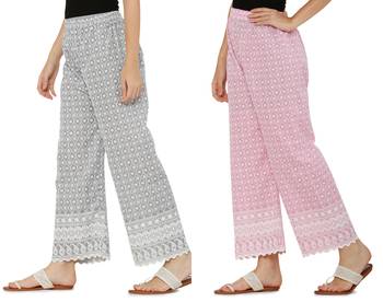 Chikankari Cotton Plazzo Pant Combo Grey ,Baby Pink Free Size 3