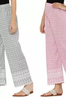 Chikankari Cotton Plazzo Pant Combo Grey ,Baby Pink Free Size