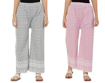 Chikankari Cotton Plazzo Pant Combo Grey ,Baby Pink Free Size 4