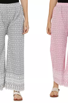 Chikankari Cotton Plazzo Pant Combo Grey ,Baby Pink Free Size