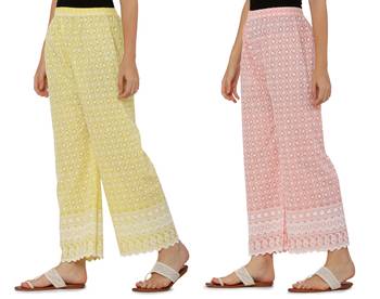 Chikankari Cotton Plazzo Pant Combo Yellow , Peach Free Size 2
