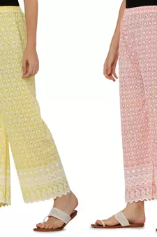 Chikankari Cotton Plazzo Pant Combo Yellow , Peach Free Size