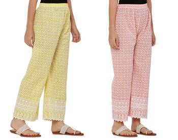 Chikankari Cotton Plazzo Pant Combo Yellow , Peach Free Size 3