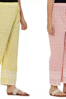 Chikankari Cotton Plazzo Pant Combo Yellow , Peach Free Size