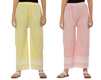 Chikankari Cotton Plazzo Pant Combo Yellow , Peach Free Size 4