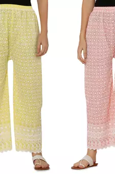 Chikankari Cotton Plazzo Pant Combo Yellow , Peach Free Size