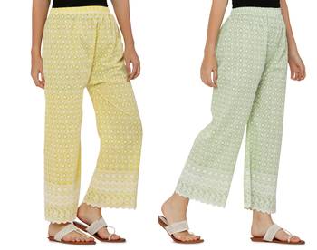 Chikankari Cotton Plazzo Pant Combo Yellow , Mint Green Free Size 2