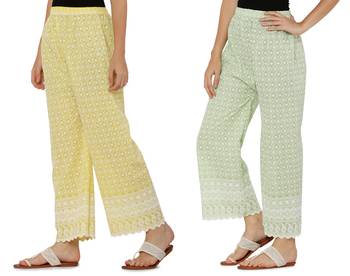 Chikankari Cotton Plazzo Pant Combo Yellow , Mint Green Free Size 3