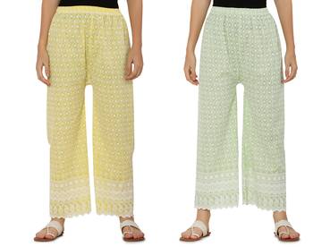 Chikankari Cotton Plazzo Pant Combo Yellow , Mint Green Free Size 4