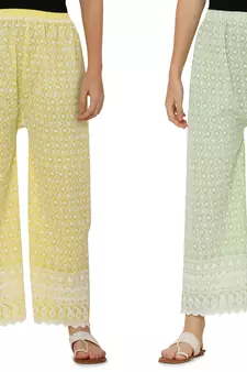 Chikankari Cotton Plazzo Pant Combo Yellow , Mint Green Free Size