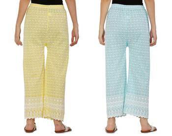 Chikankari Cotton Plazzo Pant Combo Yellow , Aqua Blue Free Size 1