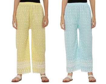 Chikankari Cotton Plazzo Pant Combo Yellow , Aqua Blue Free Size 2