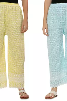 Chikankari Cotton Plazzo Pant Combo Yellow , Aqua Blue Free Size