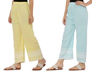 Chikankari Cotton Plazzo Pant Combo Yellow , Aqua Blue Free Size 3