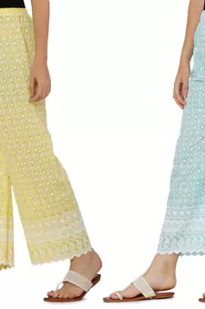 Chikankari Cotton Plazzo Pant Combo Yellow , Aqua Blue Free Size