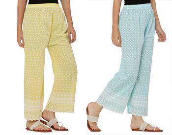 Chikankari Cotton Plazzo Pant Combo Yellow , Aqua Blue Free Size 4