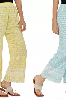 Chikankari Cotton Plazzo Pant Combo Yellow , Aqua Blue Free Size