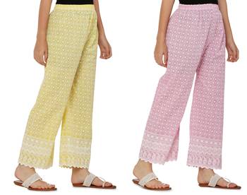 Chikankari Cotton Plazzo Pant Combo Yellow , Baby Pink Free Size 2