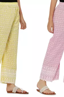 Chikankari Cotton Plazzo Pant Combo Yellow , Baby Pink Free Size